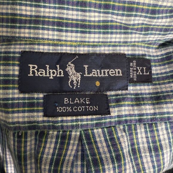 Ralph Lauren Vintage 100% Blake Cotton Long Sl. Button Down XL, Blue Plaid Pony - Picture 7 of 8